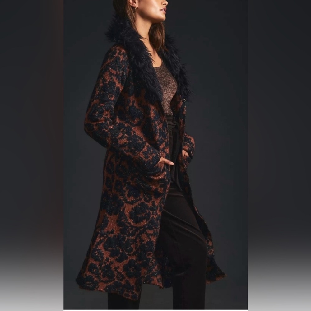 Anthropologie Jacquard Cardigan Sweater Maxi Print Navy Blue Brown Black Knit